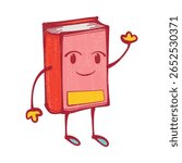 Smiling red book cartoon vector illustration, hand-drawn crayon and colored pencil textured art, playful education or school doodle clipart isolated on white