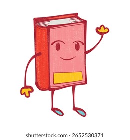 Smiling red book cartoon vector illustration, hand-drawn crayon and colored pencil textured art, playful education or school doodle clipart isolated on white