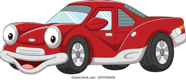 Smiling red car cartoon on white background