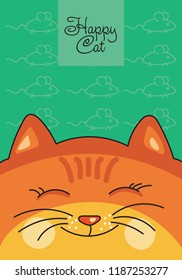Smiling red cat drawn in a simple style on the background of a pattern of mouses, vector illustration, eps-8