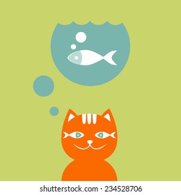 Smiling red cat dreams about fish. Vector illustration.