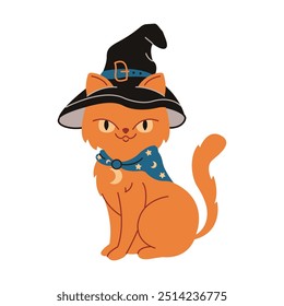 Gato vermelho sorridente em chapéu de bruxa e lenço ilustração vetor de cor plana. Feiticeiro animal de estimação familiar no ícone de personagem de Halloween no fundo branco