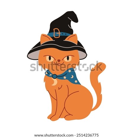Smiling red cat in witch hat and scarf flat color vector illustration. Sorcerer familiar pet on Halloween character icon on white background