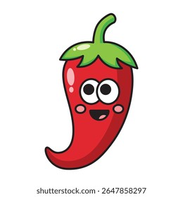 Smiling red chili cartoon icon with green stem and cute face isolated on white background