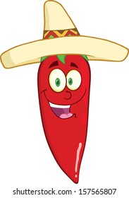 Smiling Red Chili Pepper Cartoon Mascot Character With Mexican Hat 