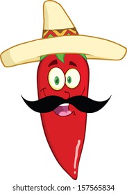 Smiling Red Chili Pepper Cartoon Mascot Character With Mexican Hat And Mustache