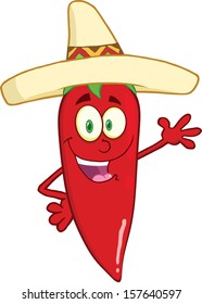 Smiling Red Chili Pepper Cartoon Character With Mexican Hat Waving For Greeting