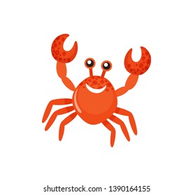 Smiling red crab with raised claws, sea animal, colorful glossy creature in flat design. Decoration water symbol, fishing icon isolated on white vector