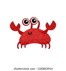 Smiling red crab with small claws and big shiny eyes. Marine life. Sea creature. Flat vector for postcard or mobile game