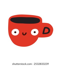 Smiling red cup. Hand drawn illustration on white background. 