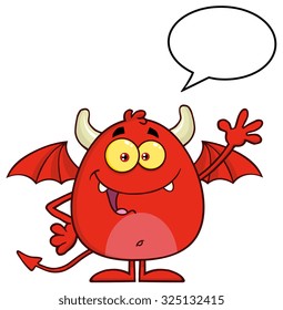 Smiling Red Devil Cartoon Character Waving With Speech Bubble. Vector Illustration  Isolated On White