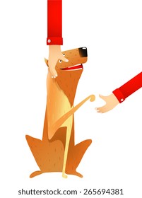 Smiling Red Dog Putting out the Paw to Man. Dog and stroking hand colorful cartoon illustration. Vector EPS10.