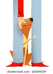 Smiling Red Dog Sitting Near Feet of Man. Dog and stroking hand colorful cartoon illustration. Vector EPS10.