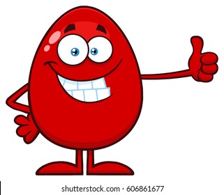 Smiling Red Easter Egg Cartoon Mascot Character Showing Thumbs Up. Vector Illustration Isolated On White Background