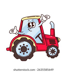 Smiling red farm tractor with expressive eyes and waving hands in gloves. Fun groovy cartoon doodle style. Vector illustration for kids designs, stickers, or farming projects.