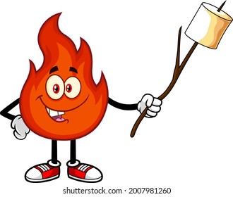 Smiling Red Fire Cartoon Character Holds А Stick With Roasted Marshmallow. Vector Hand Drawn Illustration Isolated On Transparent Background