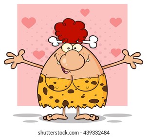 Smiling Red Hair Cave Woman Cartoon Mascot Character With Open Arms. Vector Illustration Isolated On Pink Background With Hearts