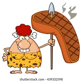 Smiling Red Hair Cave Woman Cartoon Mascot Character Holding A Spear With Big Grilled Steak. Vector Illustration Isolated On White Background