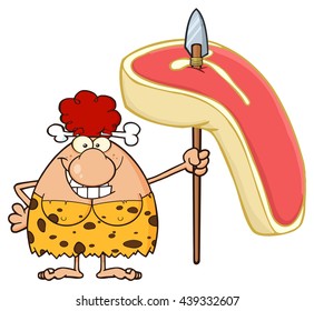 Smiling Red Hair Cave Woman Cartoon Mascot Character Holding A Spear With Big Raw Steak. Vector Illustration Isolated On White Background