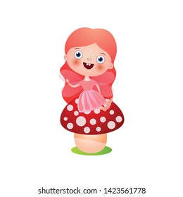 Smiling red hair fairy girl stay on forest mushroom