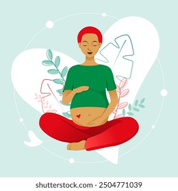 Smiling red hair pregnant woman in jeans in lotus pose tenderly holds her belly on floral background