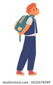 Smiling red hair school boy in uniform with backpack walking to school flat vector illustration isolated on white.