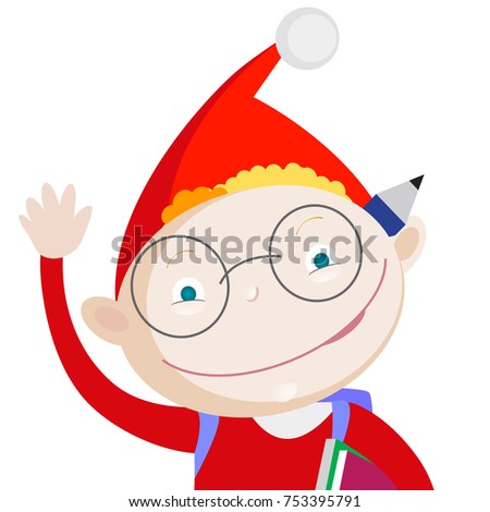 Smiling red hair school boy with Santa's red hat, making greeting gesture. Blank space for specific note. Isolated on white background.