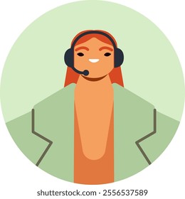 Smiling red haired female customer service or call center representative wearing a headset and a light green jacket, inside a green circle, offering assistance and support