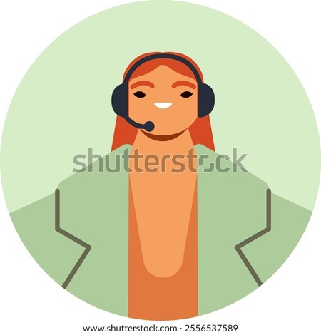 Smiling red haired female customer service or call center representative wearing a headset and a light green jacket, inside a green circle, offering assistance and support