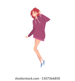 Smiling Red Haired Girl Wearing Purple Hoodie Cartoon Vector Illustration