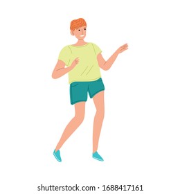 Smiling red haired kid boy in sports clothing playing outdoors vector illustration