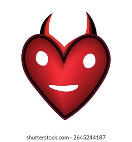 Smiling red heart with devil horns and cartoon face on white background