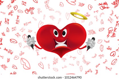 Smiling red heart with pens in their hands. Congratulations on Valentines Day. Vector illustration.