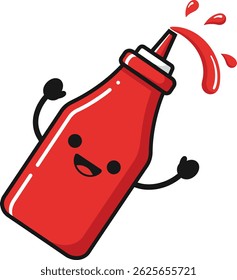 Smiling red ketchup bottle character sprays sauce playfully with raised arms in a clean white background. The bright red color and cheerful expression create a fun and lively mood.