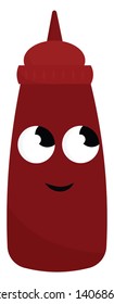 A smiling red ketchup bottle with two black eyes feeling happy, vector, color drawing or illustration. 