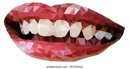 A smiling red lips isolated against white, low poly vector illustration.
