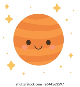 Marte vermelho sorridente com detalhes de crateras e brilho orbitante, ótimo para posteres de sala de aula de ciências, infográficos espaciais divertidos ou atividades infantis com tema de astronomia.