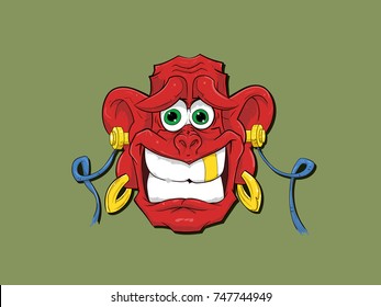 Smiling red muzzle with music headphones in the ears