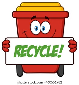 Smiling Red Recycle Bin Cartoon Mascot Character Holding A Recycle Sign. Vector Illustration Isolated On White Background