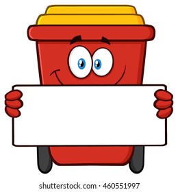Smiling Red Recycle Bin Cartoon Mascot Character Holding A Blank Sign. Vector Illustration Isolated On White Background