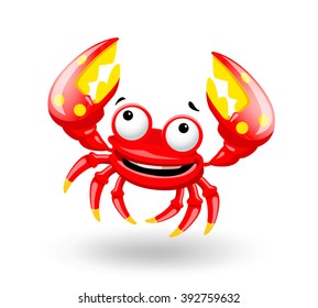 Smiling red sea cartoon fun crab shrimp on white background. Vector illustration.