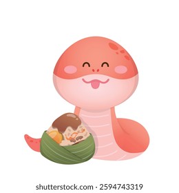 Smiling red snake cartoon character with Chinese Dragon Boat Festival rice dumplings illustration or logo