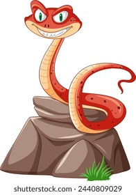 A smiling red snake perched atop a stone.
