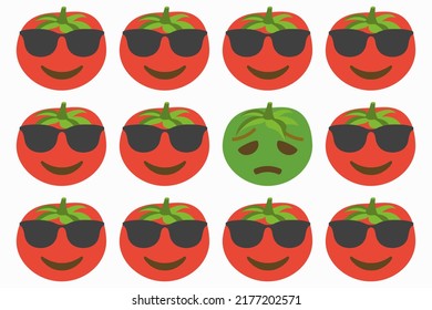 smiling red tomatoes with sunglasses and one green sad tomato,emoji concept pattern on white background,vector illustration