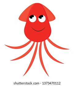 Un calamar de dibujos animados de color rojo sonriente lleva un sombrero rojo con ojos enrollados y tentáculos finales de dibujo de color vectorial o ilustración