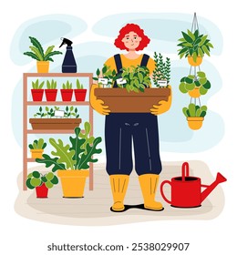 A smiling red-haired gardener holds a box of seedlings. A happy woman grows plants at home. Garden tools and pots with homemade flowers. Flat style. Urban jungle illustration concept.