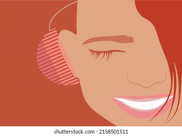 Smiling red-haired girl listens to music on headphones. Music therapy. The concept of musical hobby, listening to audio, call center or learning on headphones. Flat vector illustration.