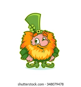 Smiling red-haired gnome in green costume. Funny cartoon character on a white background. Shaggy leprechaun celebrating St Patrick's Day. With arms akimbo.