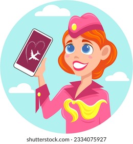 Smiling red-haired stewardess in pink uniform with smartphone and aviation app for avatar or icon