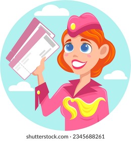 Galardonadas sonrientes de cabello rojo con uniforme rosado con boletos aéreos en la mano para avatar o icono